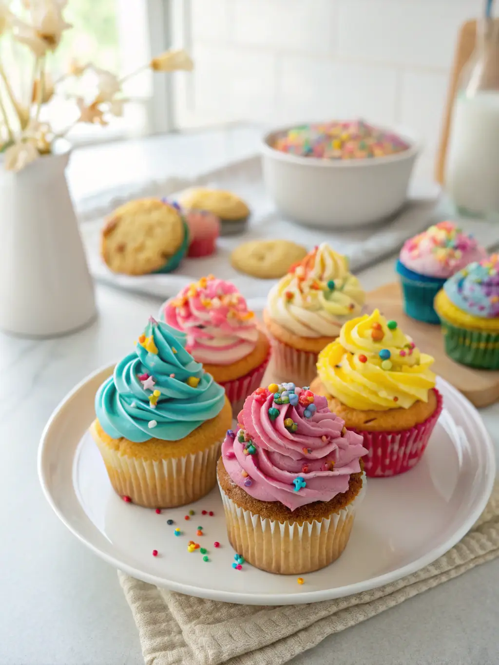 A beautifully decorated vanilla cupcake with pastel-colored frosting and sprinkles, set against a soft, dreamy background.