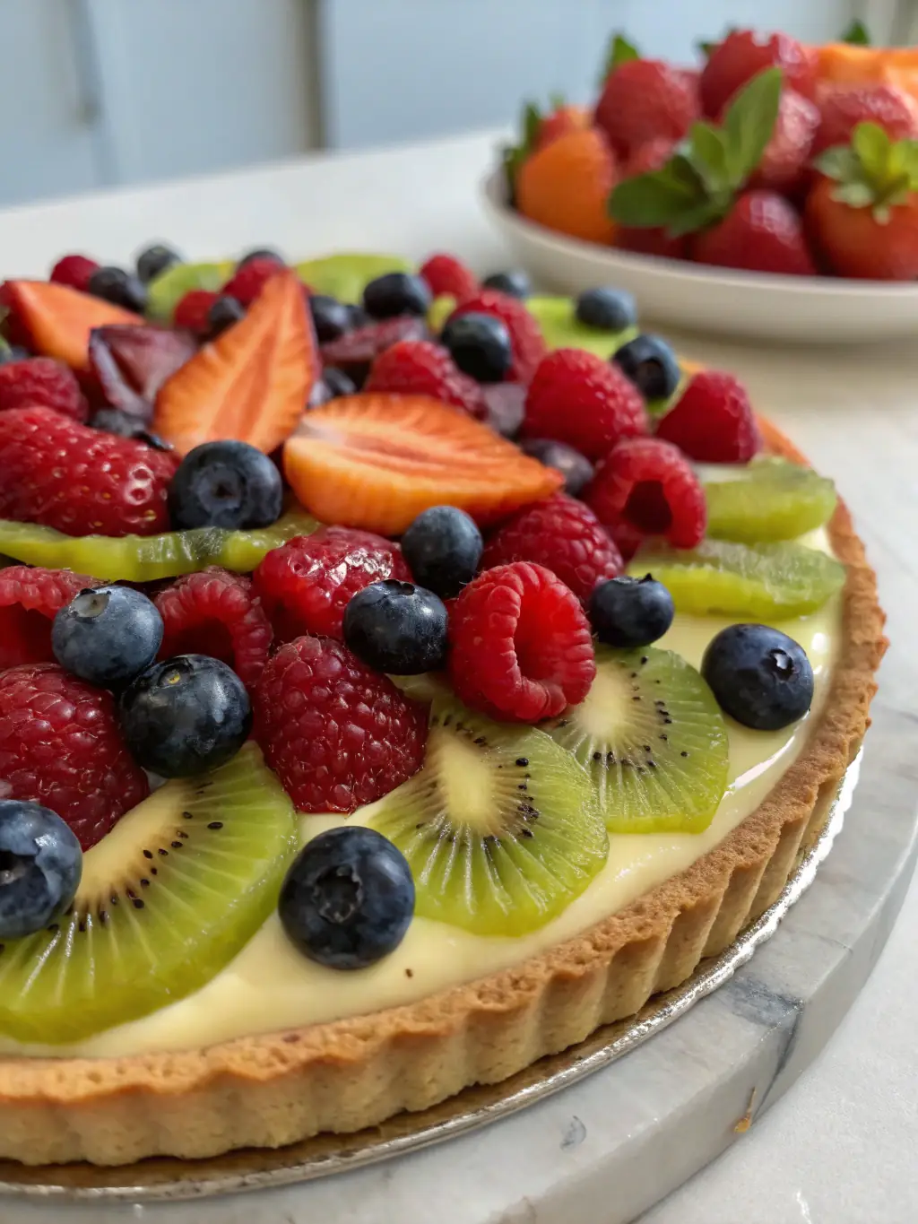 A vibrant image of a Fruity Berry Tart, highlighting the colorful assortment of fresh berries arranged on top of the creamy custard filling.