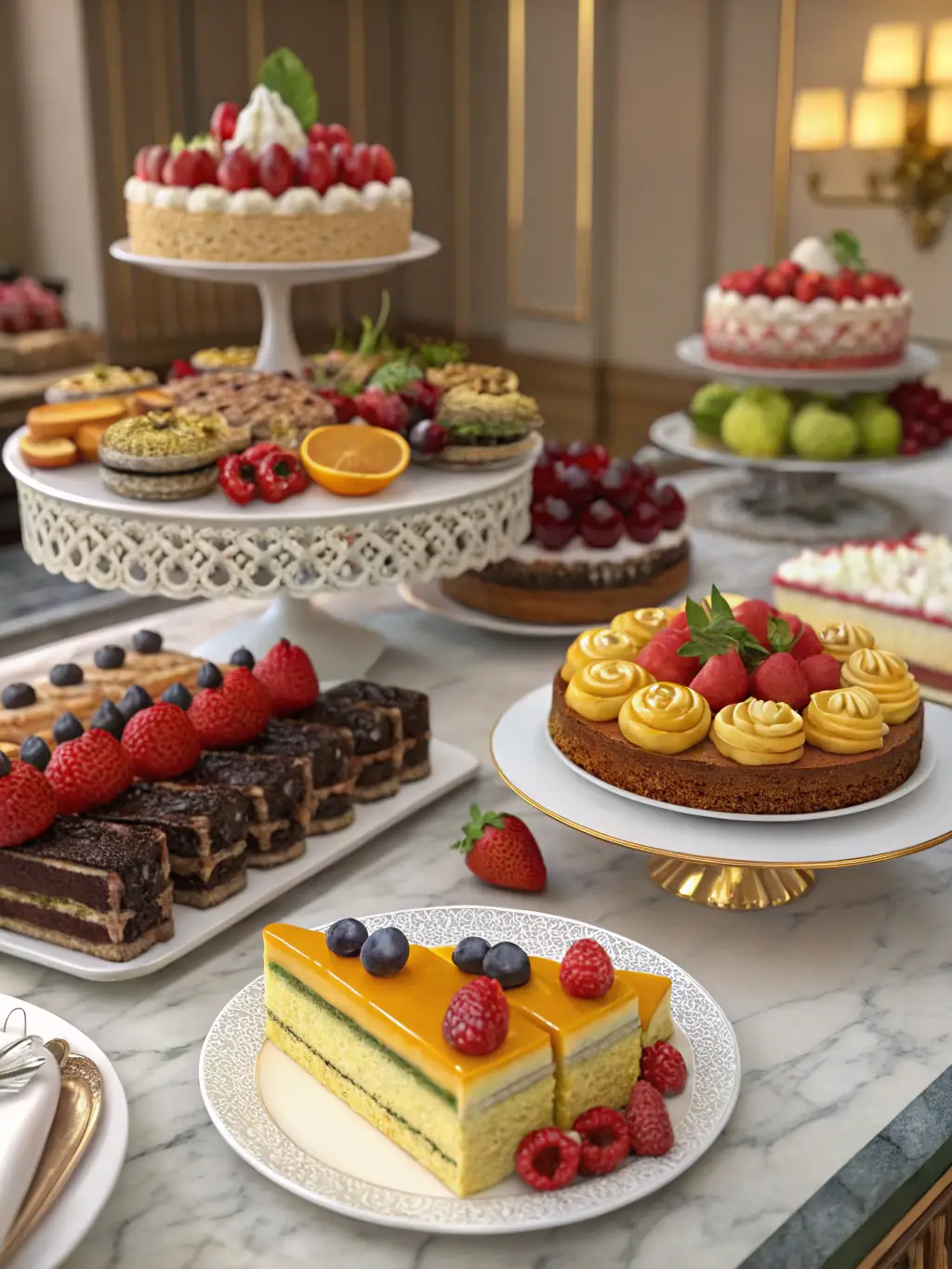 A refreshing assortment of fruity desserts, such as berry tarts, fruit salads, and citrus cakes, highlighting the light and refreshing qualities of the fruity category.