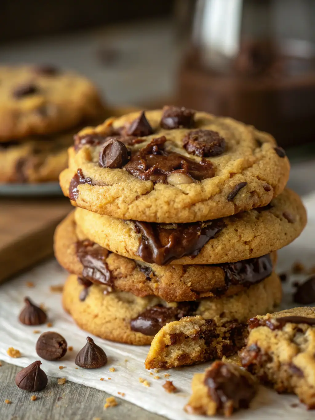 A stack of freshly baked chocolate chip cookies, arranged artfully to show their gooey centers and golden-brown edges, with a glass of milk in the background.