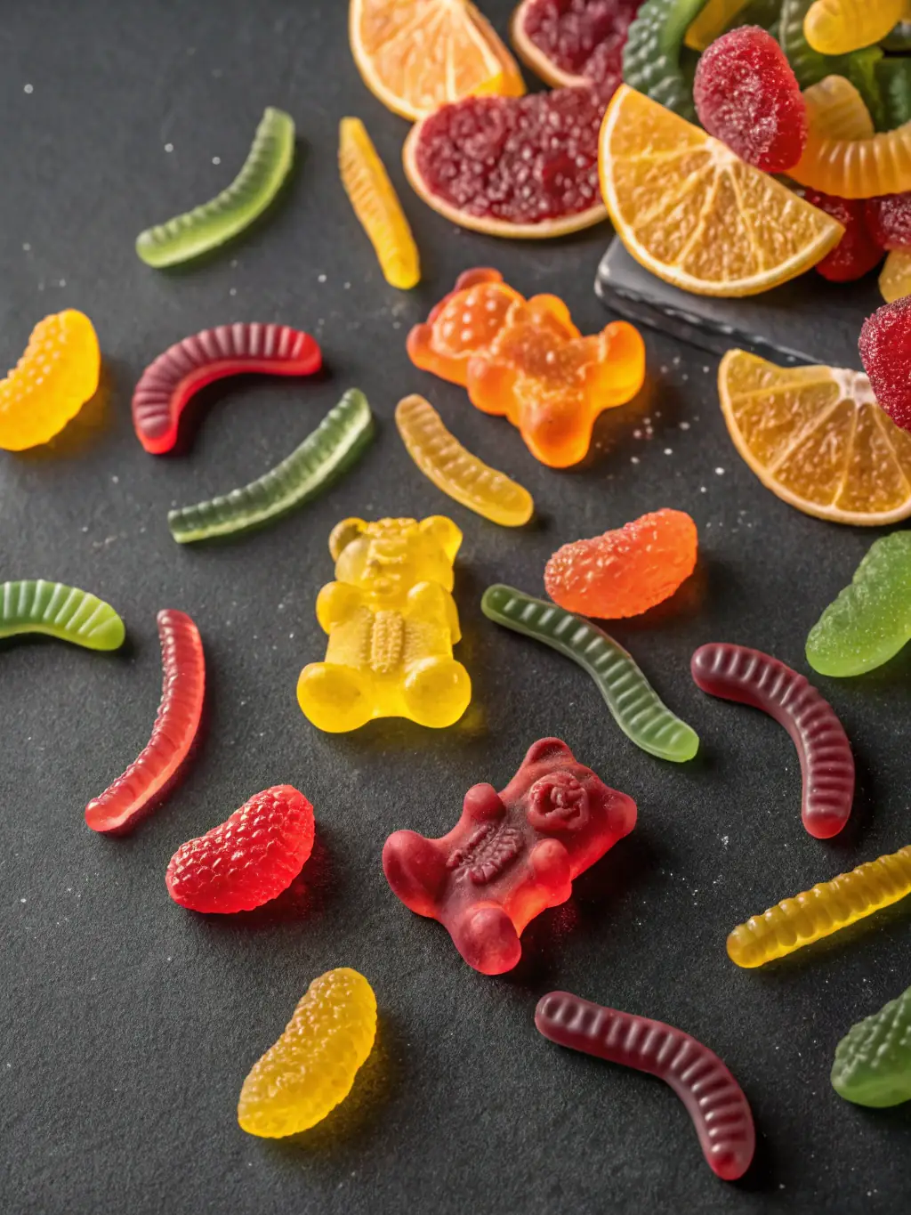 A vibrant display of colorful candies and sweets, including lollipops, gummy bears, and chocolate bars, representing the fun and playful nature of the candies category.