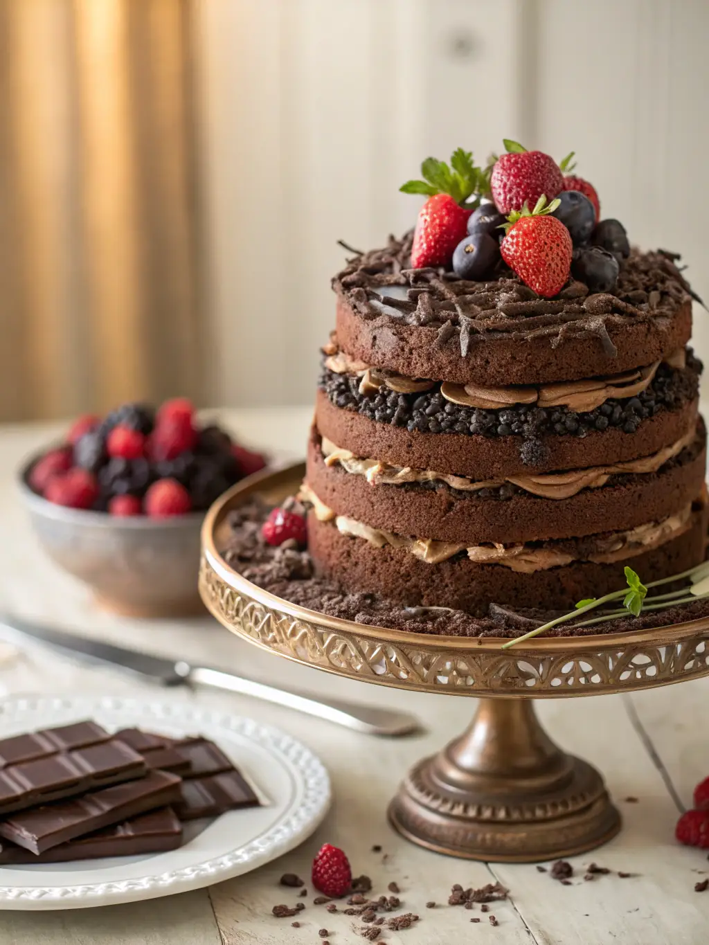 A close-up shot of a multi-layered chocolate cake with frosting and decorations, showcasing the richness and decadence of the cake category.