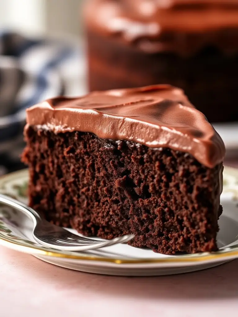 A close-up shot of a slice of Decadent Chocolate Cake, showcasing its moist texture and rich chocolate ganache, placed on a delicate dessert plate with a fork.